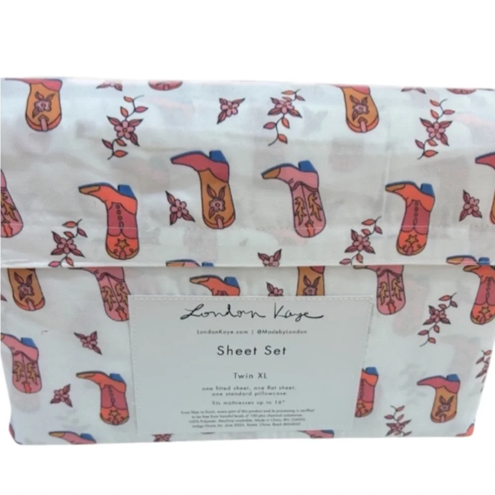 London Kaye Multicolored Cowboy Boots Western Twin XL Sheet Set New Cowgirl
